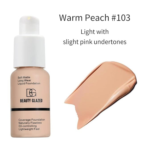 Beauty Glazed Soft Matte Silky Full Coverage Liquid Foundation, Multi-Use Buildable, Lightweight Feel Oil Control Longwear Naturally Flawless Coverage (103 Warm Peach)