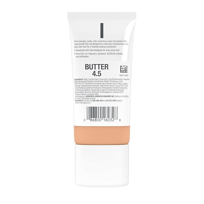 Neutrogena Clear Coverage Flawless Matte CC Cream, Full-Coverage Color Correcting Cream Face Makeup with Niacinamide (b3), Hypoallergenic, Oil Free & Fragrance Free, Butter, 1 oz