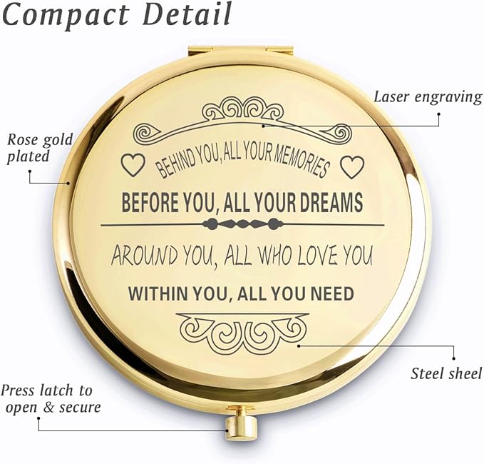 Personalized Gifts for Women Girls, Inspirational Compact Mirrors, 2025 Graduation Gifts for Her, Unique Mothers Day Birthday Gifts for Mom Sister Wife Daughter Niece, Friendship Gifts for Friends