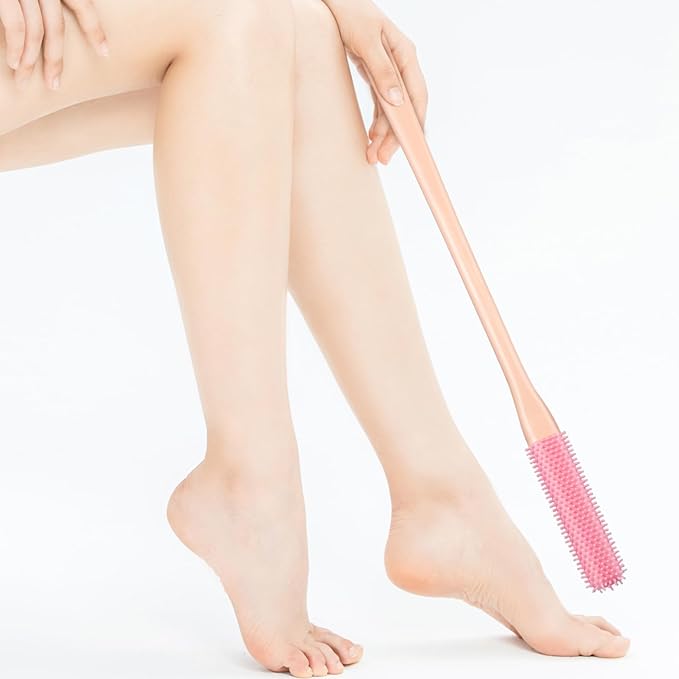 FRCOLOR Toe Cleaning Brush 2Pcs Toe Seam Massage Brush for Shower 15.7 Long Handle Silicone Foot Scrubber Feet Cleaner Brush for Seniors Elderly Men Women-Pink