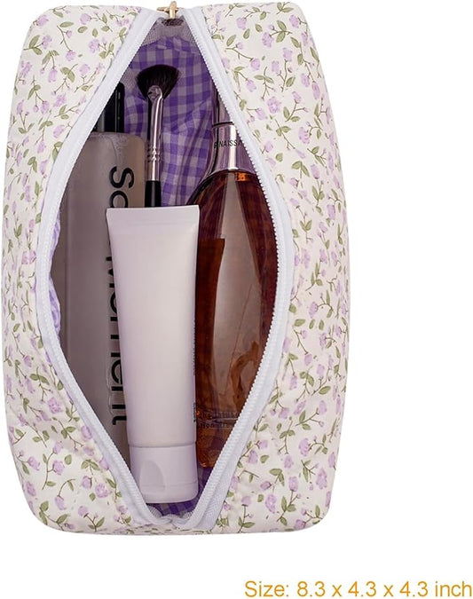 Gleyemor Small Quilted Makeup Bag for Women, Cute Floral Bow Cosmetic Bag, Emergency Bag Travel Toiletry Cotton Pouch Gifts for Girls Her Mom Friend Sister Bridesmaid (Purple Small Flower)