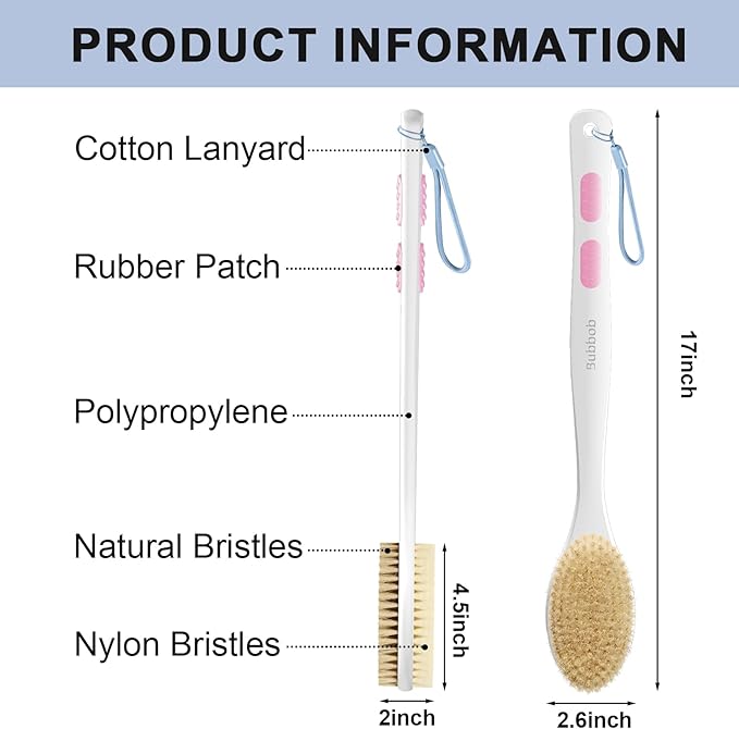 Back Scrubber, Back Scrubber for Shower, Bath Brush Long Handle for Shower with Double Sided Bristles for Wet or Dry Brushing (Pink)