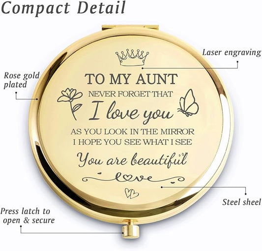 Aunt Gifts from Niece Nephew, Personalized Compact Mirrors, Unique Mothers Day Birthday Gifts for Aunt Auntie