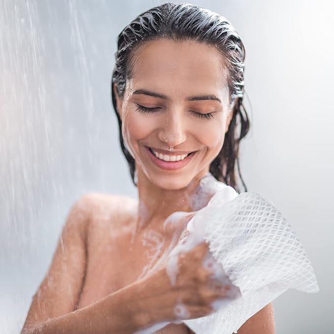 4 Pieces African Net Bath Net Sponge Body Exfoliating Polyester Cleaning Shower Body Scrubber Back Scrubber Exfoliating Wash Bath Cloth for Daily Use (Black, Blue, White, Gray,7.8 x 27.6 Inch)