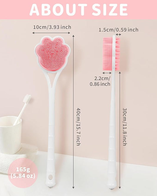 Manmihealth 15.7" Cute Silicone Back Scrubber with Long-Handle, Dual Use Back Brush for Shower with Super-Soft Silicone Bristles, Paw-Shaped Shower Body Scrubber for Sensitive Skin(Pink)