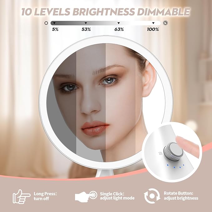 10 Inch Lighted Makeup Mirror with 7X Magnification,3 Colors & 10 Brightness Levels, Magnifying Makeup Mirrors with 5000mAh Battery, Anti-Glare,Gift Box (White)