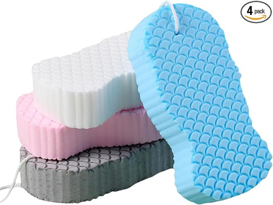 4pcs Exfoliating Bath Sponges, Body Exfoliating Scrubber,Soft Bath Shower Sponge for Removing Dead Skin(Pink&Blue&White &Gray)