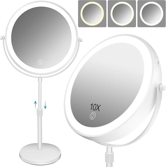 8.7" Large Lighted Makeup Mirror, 1X/10X Magnifying Mirror with 3 Color Dimmable Lights, Double Sided Vanity Mirror, Height Adjustable, 360Β° Swivel Cosmetic Mirror for Women Girl(White)