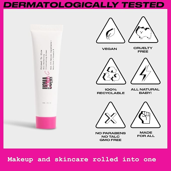 UOMA Primer Face Makeup by Sharon C - Primed To Glow Illuminating Makeup Primer. Energizing Maca Root Skincare with Vitamin E, Highlighter Makeup Primer for Face with Dewy Finish 30ml