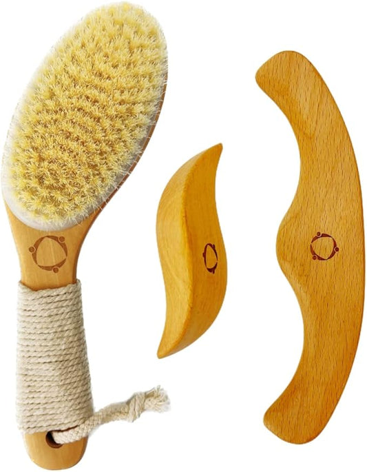 Dry Brushing Body Brush for Lymphatic Drainage-Vegan Dry Brush with Contoured Non-Slip Handle +Wood Therapy Massage Tools. Maderoterapia Kit, Gua Sha, Anti-Cellulite, Body Sculpting, Sensitive Skin