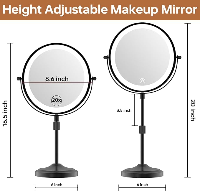 9" Magnifying Mirror with Lights 20X, Height Adjustable Lighted Makeup Mirror with Magnification, 5000mAh Rechargeable Battery, Dimmable, 3 Lighting Colors, Black