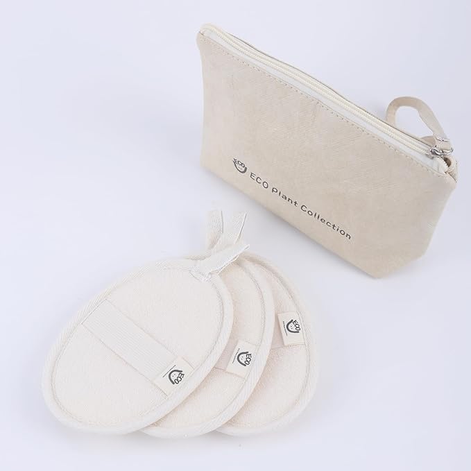 Oval Natural Loofah Bath-Sponge-3 Count, Exfoliating Body Scrubber for Women and Men,Exfoliate & Soothe Face & Body, Biodegradable Fashion Storage Bag