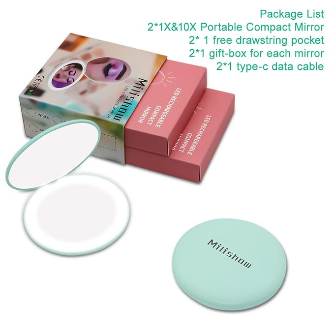 Compact Mirror with LED Light,1x/10x Magnifying Rechargeable Mirror,3.5in, Dimmable Travel Mirror for Purse,Pocket,Handheld 2-Sided Makeup Mirror