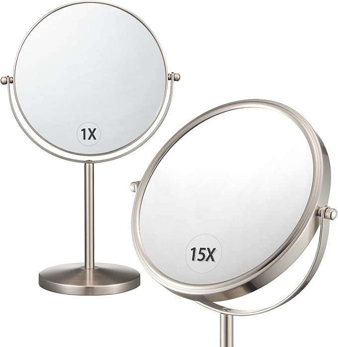 ALHAKIN 1X/15X Magnifying Mirror, Double Sided Makeup Mirror with Stand for Desk, 8 Inch Vanity Tabletop Mirror with 360Β° Rotation Portable for Bathroom Bedroom, Nickel
