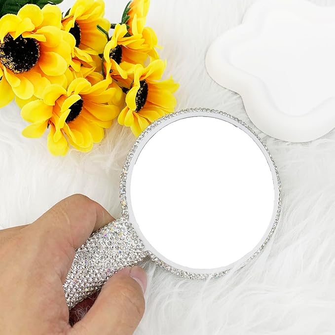 LOPURO Sparkling Rhinestone Round Shaped Handheld Mirror, Rhinestone Handheld Round Mirror Bling Glitter Cute Cosmetic Hand Mirror with Handle Portable Makeup Mirror for Women Travel