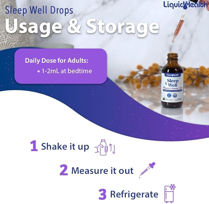 LIQUIDHEALTH Sleep Well Liquid Melatonin, L-Theanine Supplement Natural Sleep Aid, Fall Asleep Faster, Stay Asleep Longer - USA Made, Vegan, Sugar Free, Drug Free, Non-GMO Sleep Spray Drops (2 Pack)