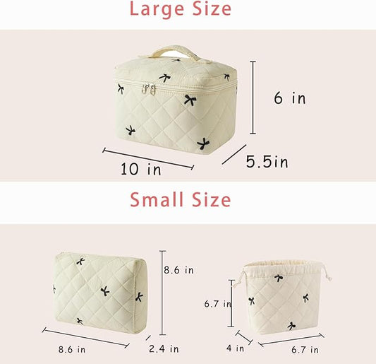 3pcs Large Cotton Quilted Makeup Bag Set,Coquette Aesthetic Cute Travel Toiletry Bag,Drawstring Gift Bag for Women and Girls(3Pcs Beige Bow)