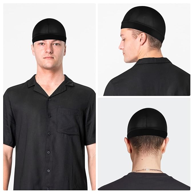 4 Pcs Silky Bonnet for Men Women, Satin Silk Hair Wrap for Sleeping, Silk Wave Caps for 360 540 720 Waves, Sleep Bonnet Compression Sleeping Shower Cap Bath Accessories (Black)