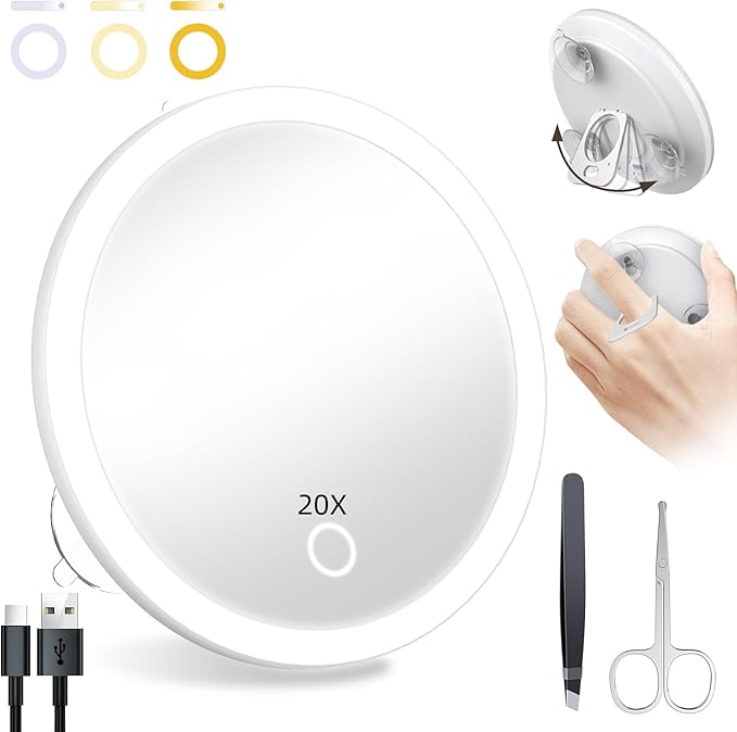 Lighted 20X Magnifying Mirror, Makeup 20X Magnification with Suction Cups, Ring Handheld Magnified Mirror with 3 Color Dimming Rechargeable 5inch Travel Magnification with Tweezers & Scissors Set