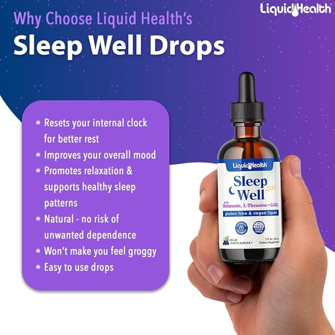 LIQUIDHEALTH Sleep Well Liquid Melatonin, L-Theanine Supplement Natural Sleep Aid, Fall Asleep Faster, Stay Asleep Longer - USA Made, Vegan, Sugar Free, Drug Free, Non-GMO Sleep Spray Drops (2 Pack)