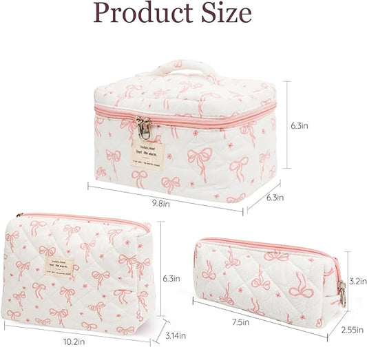 3Pcs Cotton Quilted Makeup Bag Set,Large Floral Cosmetic Bag,Aesthetic Toiletry Travel Makeup Bag Set and Cute Flower Bag for Women Girls (Flower Bow)