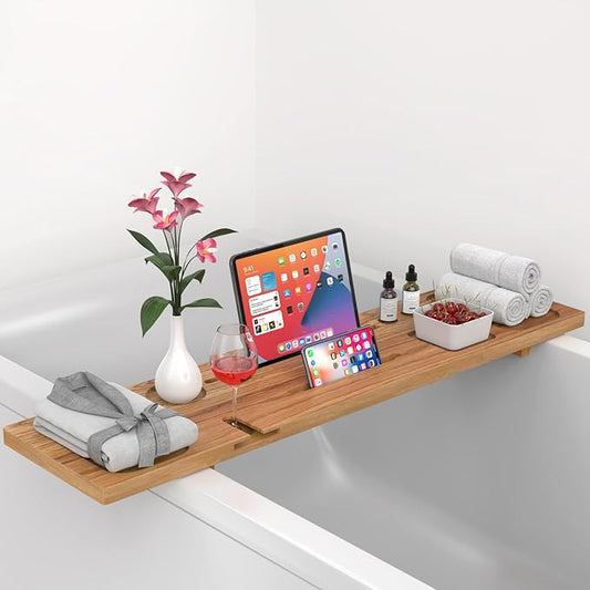 Bathtub Tray for Freestanding Bath, Solid Pine Wood Bath Tray for Tub, Bath Caddy for Home Spa, Adjustable Bathtub Trays for Tub, with Bathtub Accessories Holders, Patent Design, 35x9