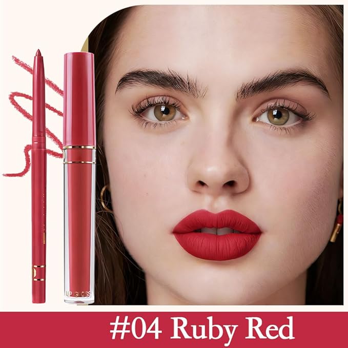 evpct 2Pcs Ruby Red Matte Lip Liner and Lipstick Lip Gloss Pencils Makeup Set Kit for Women, Lip Stains Long Lasting Waterproof 24