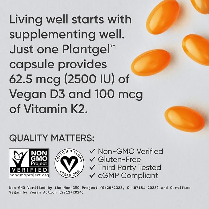 Sports Researchยฎ Vitamin D3 + K2 with Coconut MCT Oil | Vegan D3 2500iu (62.5mcg) & Plant Based Vitamin K2 Supplement | Vegan Certified, Soy & Gluten Free - 60 Softgels