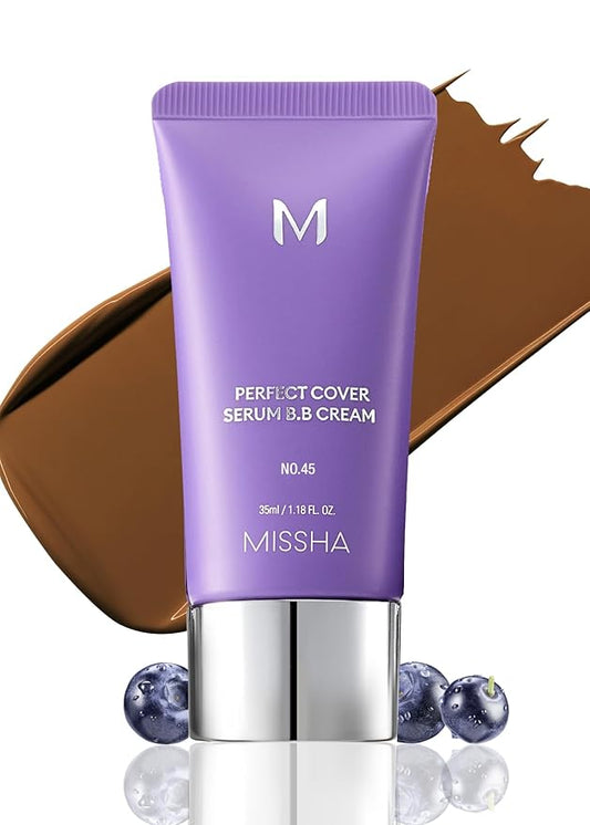 MISSHA M PERFECT COVER SERUM BB CREAM No.45 Deep Mocha- Deep with Cool Undertone, Skin Tint, Tinted Moisturizer, Skin Care Foundation Makeup, Superfood Complex, Glass Skin, Korean Makeup, 1.18 Fl oz