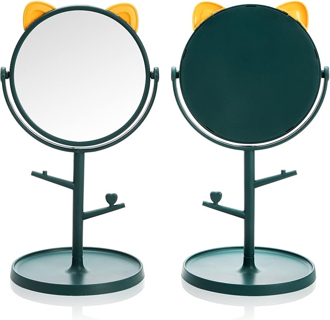 4 Pack Cute Desk Mirrors, Rotatable Makeup Mirror in Cat Ears, 6 Inch Vanity Mirror with Storage Tray, High Definition Cosmetic Mirrors, Tabletop Dresser Mirror with Stand for Bedroom Spa Party