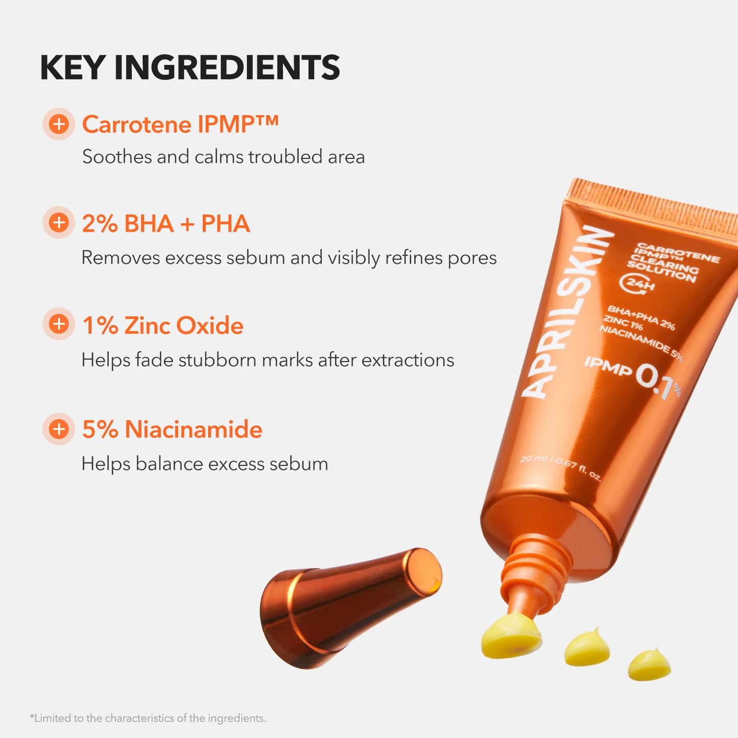 APRILSKIN Carrotene IPMPβ’ Clearing Solution || Quickly soothes troubled areas and helps clear blemishes | Formulated with BHA, AHA, Niacinamide & Zinc Oxide | Vegan, Cruelty-Free (0.67fl.oz.)