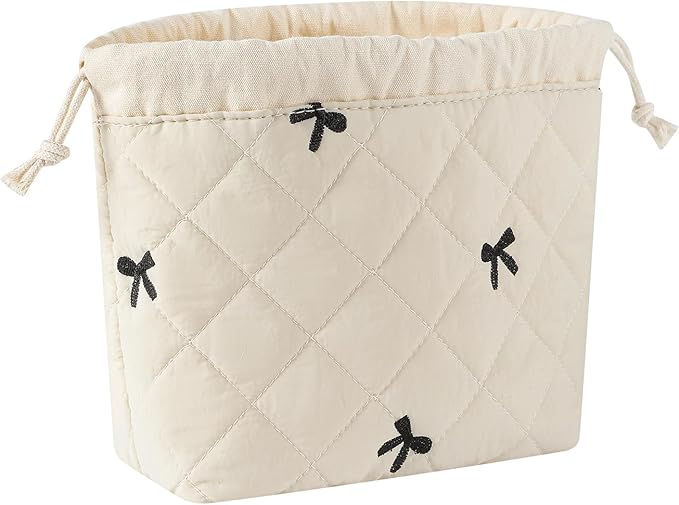3pcs Large Cotton Quilted Makeup Bag Set,Coquette Aesthetic Cute Travel Toiletry Bag,Drawstring Gift Bag for Women and Girls(3Pcs Beige Bow)