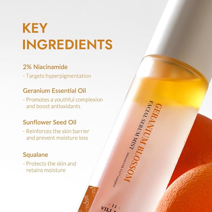 Fresh Dewy Geranium Blossom Facial Serum Mist with Sunflower Oil Jojoba Oil & Squalane Korean Face Spray for Deep Hydration Skincare on the Go 3.38 oz