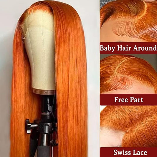 Ginger Lace Front Wig Human Hair 13X4 HD Transparent Lace Front Wig Colored Straight Lace Front Wig 150% Density Pre Plucked Natural Hairline with Baby Hair Ginger Orange Wig Human Hair 18Inch