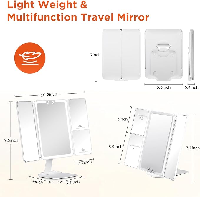 Travel Makeup Mirror, Rechargeable 1X/3X/5X Magnifying Trifold Makeup Mirror with Lights, 3 Color Lights, Touch Control Lighted Vanity Compact Mirror with Foldable Stand, White