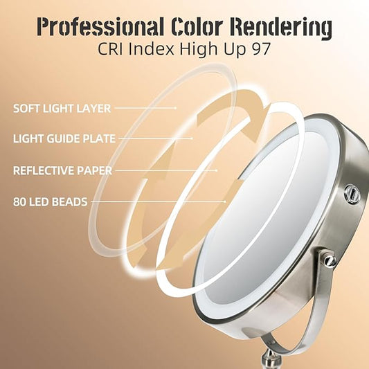9 "Large Light Makeup Mirror, 1x / 10x True HD Magnifying Mirror, 3-Color Light dimmable, 2 Rechargeable Makeup Mirrors 360Β° Rotation, Standing Desk Makeup Mirror, Brush Nickel