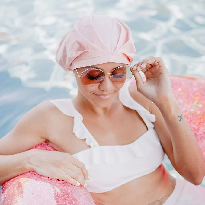 Gimme Beauty - Lined Shower Cap for Women and Men - Sleek Waterproof Shower Cap for Long Hair or Dry Styles - Reusable & Fast Drying with a Silicone Leak Proof Lining - Soft Pink (1 Count)