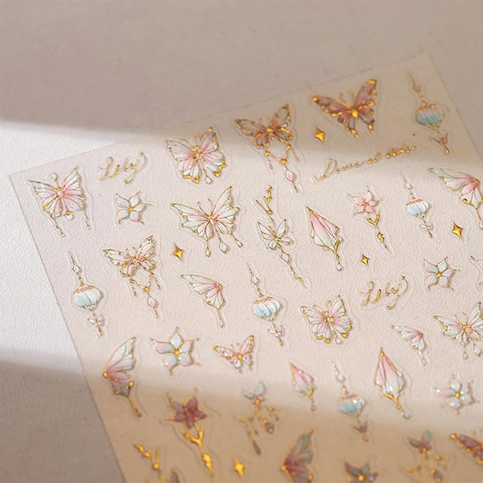 1 Sheets 5D Bronzing Butterfly Nail Stickers for Nail Art Pink Flower Nail Art Stickers Self Adhesive Summer Floral Butterflies Design Nail Decals Supplies for Women Girl DIY Manicure Decor