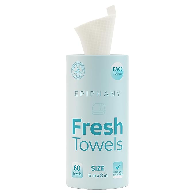 Epiphany Fresh Towels, Dry Disposable Face Towels β 60 Cotton-Feel Clean Tissues for Skin Care. Lint-Free Makeup Remover Cloths. 6x8 Inch Biodegradable Face Wash Cloths, Gentle on All Skin Types