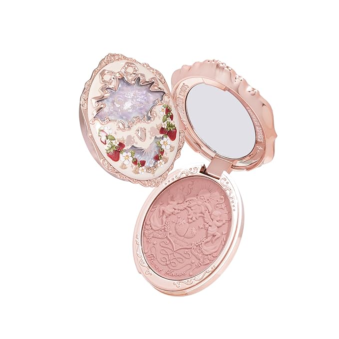 Flower Knows Strawberry Rococo Embossed Blush;Peach Matte Finish;Buildable & Blendable Powder Blush for cheeks,Natural Flush for All Skin Tones(01 Angel Chanson,5g)