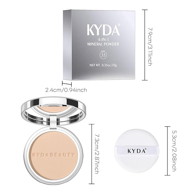 KYDA Mineral Powder, 4-in-1 Pressed Mineral Powder Foundation, SPF 35, Matte Pressed Foundation with Concealer and Setting Makeup, Lightweight Flawless Coverage, PORCELAIN