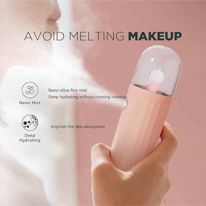 Nano Mister, Mate2GO Eyelash Nebulizer Nano Facial Mister Cool Mist Steamer Handy Mist Sprayer Moisturizing & Hydrating for Skin Care, Makeup, Eyelash Extensions, USB Rechargeable - New Pink