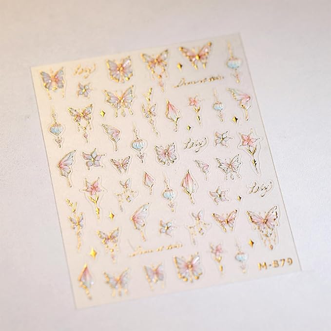 1 Sheets 5D Bronzing Butterfly Nail Stickers for Nail Art Pink Flower Nail Art Stickers Self Adhesive Summer Floral Butterflies Design Nail Decals Supplies for Women Girl DIY Manicure Decor