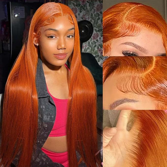 Ginger Lace Front Wig Human Hair 13X4 HD Transparent Lace Front Wig Colored Straight Lace Front Wig 150% Density Pre Plucked Natural Hairline with Baby Hair Ginger Orange Wig Human Hair 18Inch