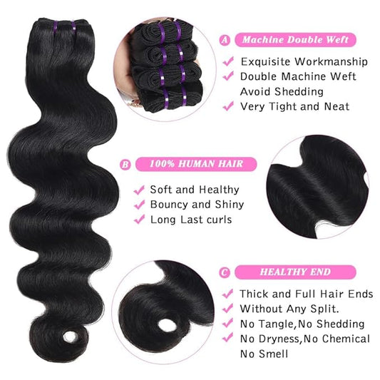 Beauty Queen Thick Body Wave Bundles Human Hair (22 22 22 Inch) 100% Unprocessed Virgin Human Hair Bundles Quick Weave 3 Bundles Remy Hair Extensions Natural Color