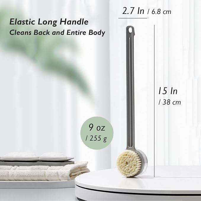 Bath Body Brush with Built-in Soap Dispenser - Exfoliating and Cleansing Shower Brush, 15 inch Long Handle Back Scrubber, Versatile Silicone Exfoliating Tool (Grey)
