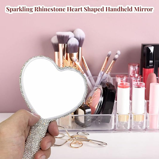 LOPURO Sparkling Rhinestone Heart Shaped Handheld Mirror, Rhinestone Handheld Heart Mirror Bling Glitter Cute Cosmetic Hand Mirror with Handle Portable Makeup Mirror for Women Travel