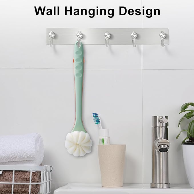 Hotodeal Shower Brush with Bristles and Bath Mesh Sponge,Handheld Cleansing Shower Body Brush,Back Scrubber with Long Handle for Skin Exfoliating Bath,Light Green Orange