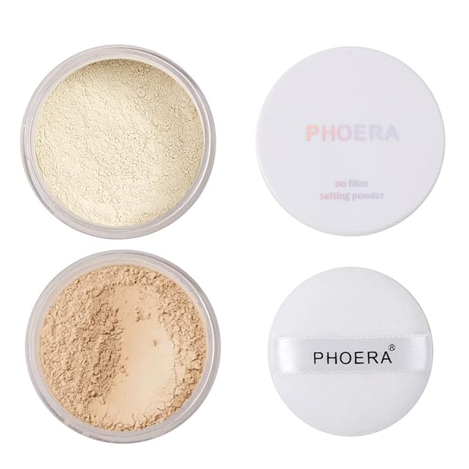 2 Pcs PHOERA Setting Powder, Control Oil Brighten Skin Color Cover Blemish Whitening Face Setting Loose Powderγ (01# Translucent & 02# Cool Beige)