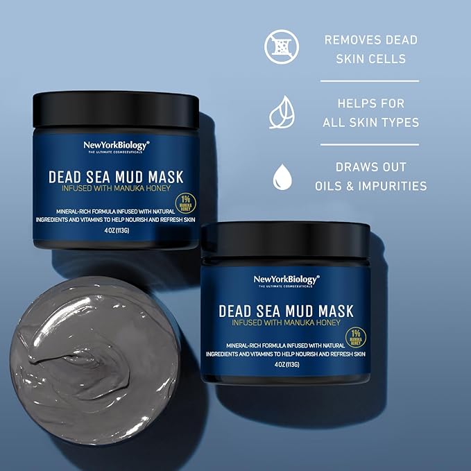 New York Biology Dead Sea Mud Mask for Face and Body | with Manuka Honey | Spa Quality Pore Refiner for Oily Skin | Natural Skincare for Women & Men | Tighten Skin for A Healthier Complexion | 4 oz